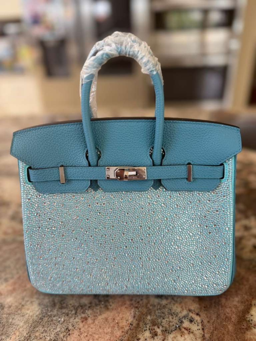 Bling Birkin 25 Bleu Atoll Swarovski Crystal PHW - Picture 5 of 14